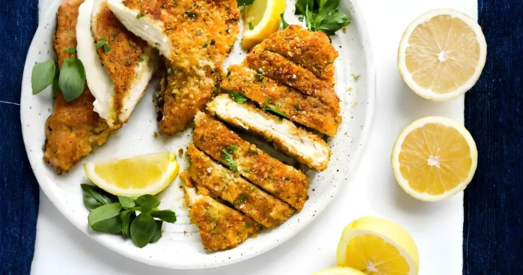 High-resolution image of a golden, crispy baked chicken cutlet served on a rustic white ceramic plate. The cutlet’s crunchy exterior and tender, juicy interior are highlighted by a light sprinkle of fresh parsley and a lemon wedge garnish, perfectly illustrating a delicious homemade Baked Chicken Cutlet Recipe.