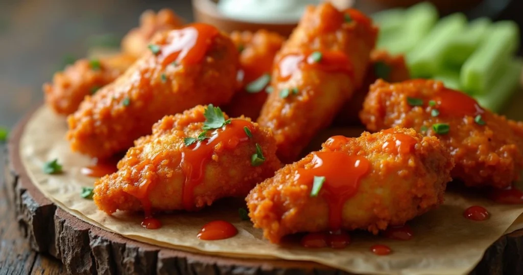 Crispy boneless chicken wings coated in tangy buffalo sauce, served with fresh celery sticks and a side of creamy blue cheese dip on a rustic wooden board