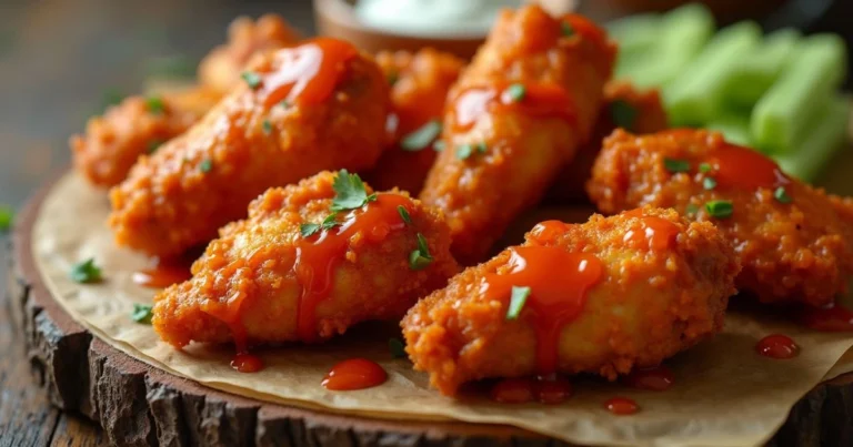 Crispy boneless chicken wings coated in tangy buffalo sauce, served with fresh celery sticks and a side of creamy blue cheese dip on a rustic wooden board