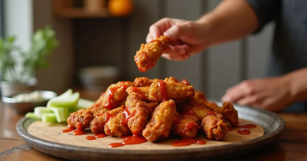 Crispy boneless chicken wings coated in tangy buffalo sauce, served with fresh celery sticks and a side of creamy blue cheese dip on a rustic wooden board.