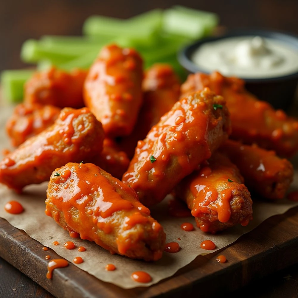 Crispy boneless chicken wings coated in tangy buffalo sauce, served with fresh celery sticks and a side of creamy blue cheese dip on a rustic wooden board