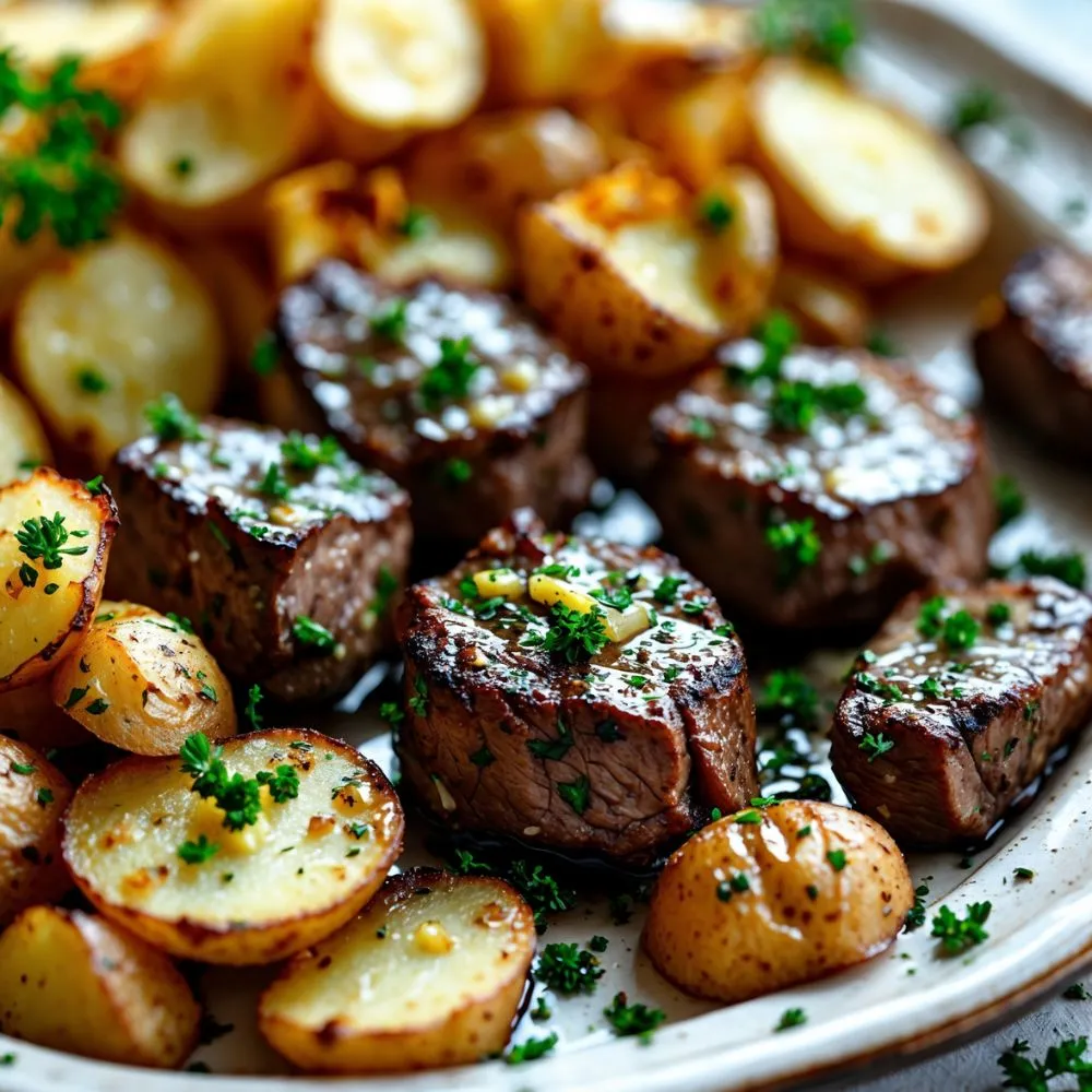 Garlic Butter Steak Bites and Potatoes