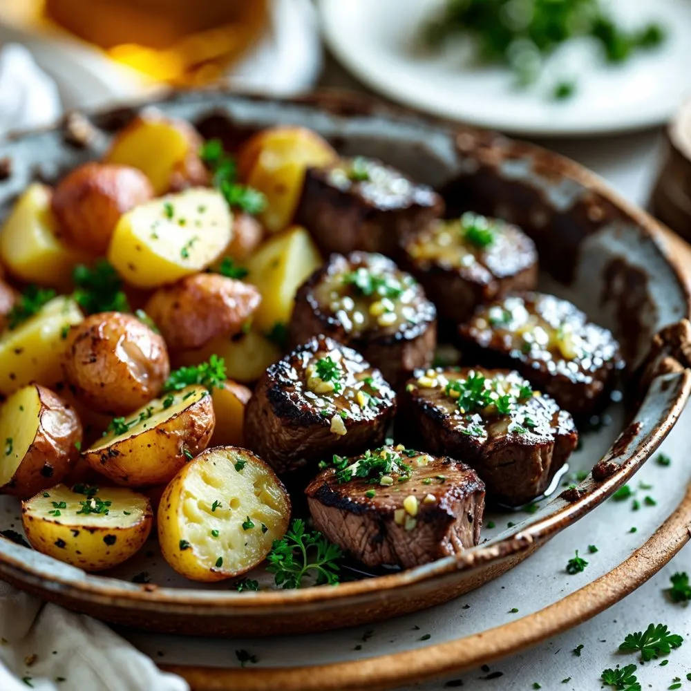 Garlic Butter Steak Bites and Potatoes